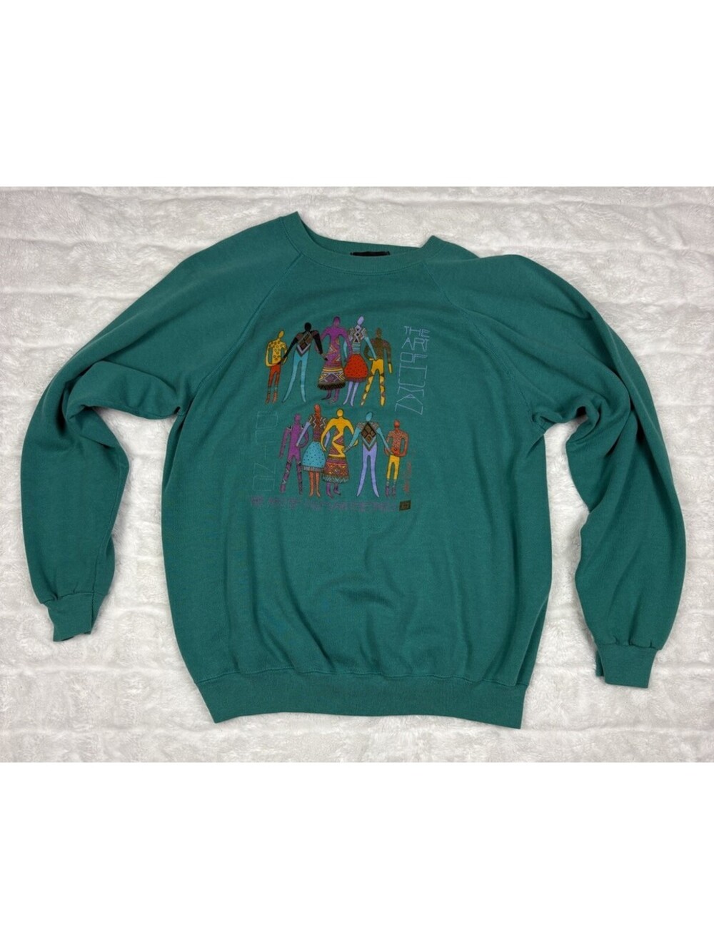 Vintage 90s Laurel Burch Art of Human Being Sweatshirt XL Teal Mint Green USA